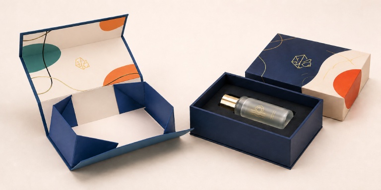 Collapsible and two-piece custom rigid boxes showing cost-effective construction, premium finishes, and a fitted product insert.