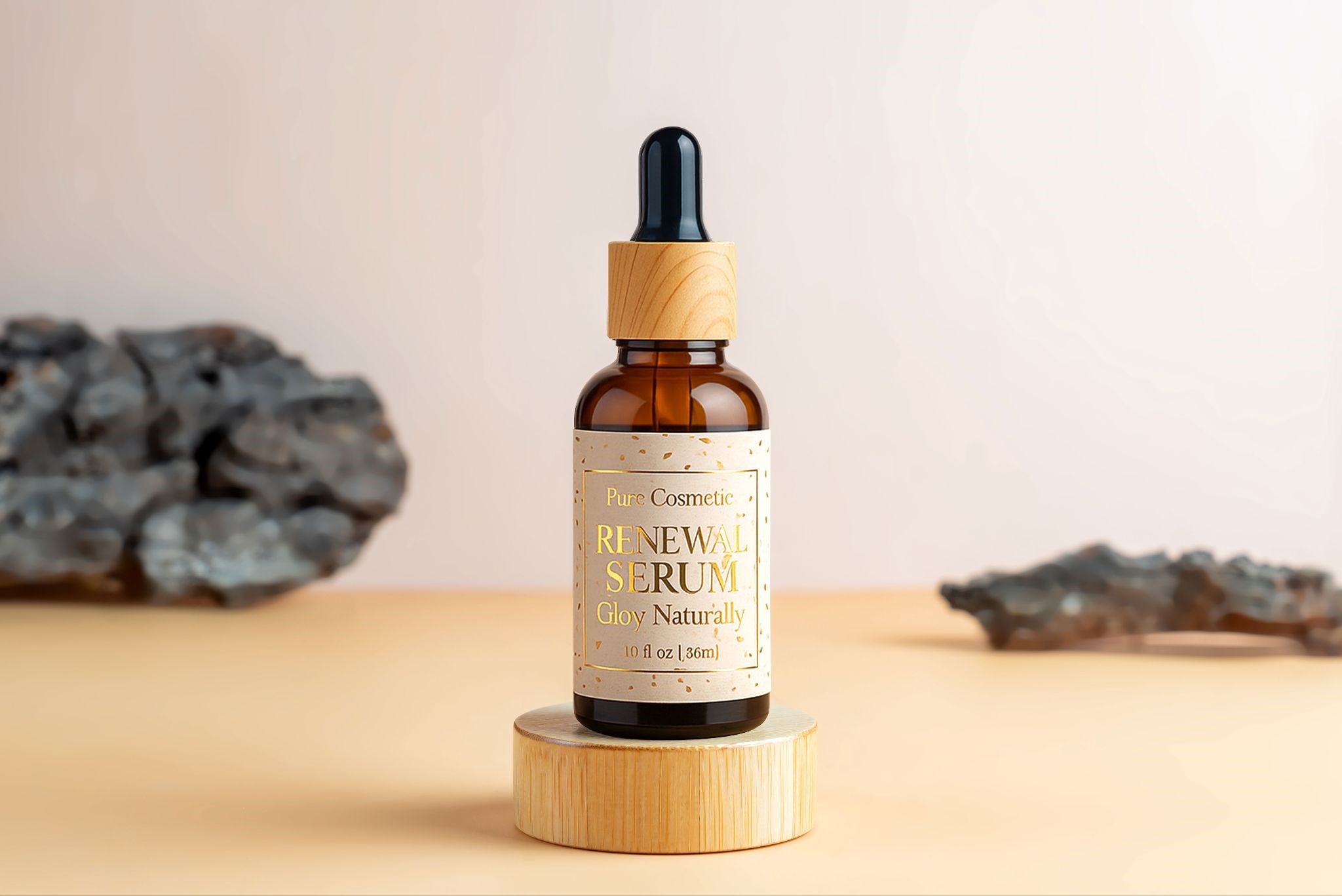 Premium skincare serum packaging with elegant cosmetic label with golden foiling