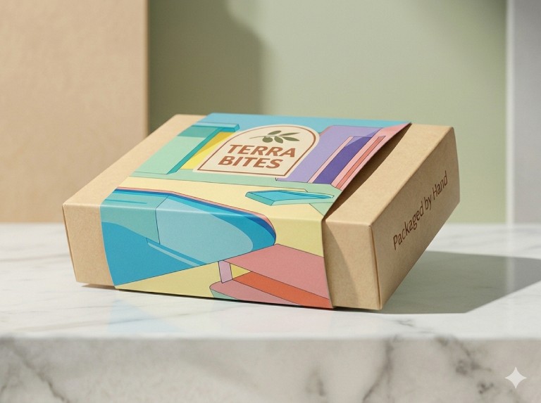 custom printed product sleeves on takeaway kraft box with colorful branding